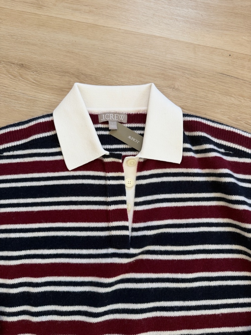 J. Crew Striped V-Neck Rugby Sweater in Navy, Burgundy & White - Picture 2 of 2